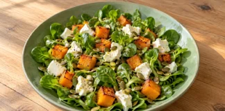 Ensalada de canónigos, calabaza y queso de cabra con pipas de calabaza