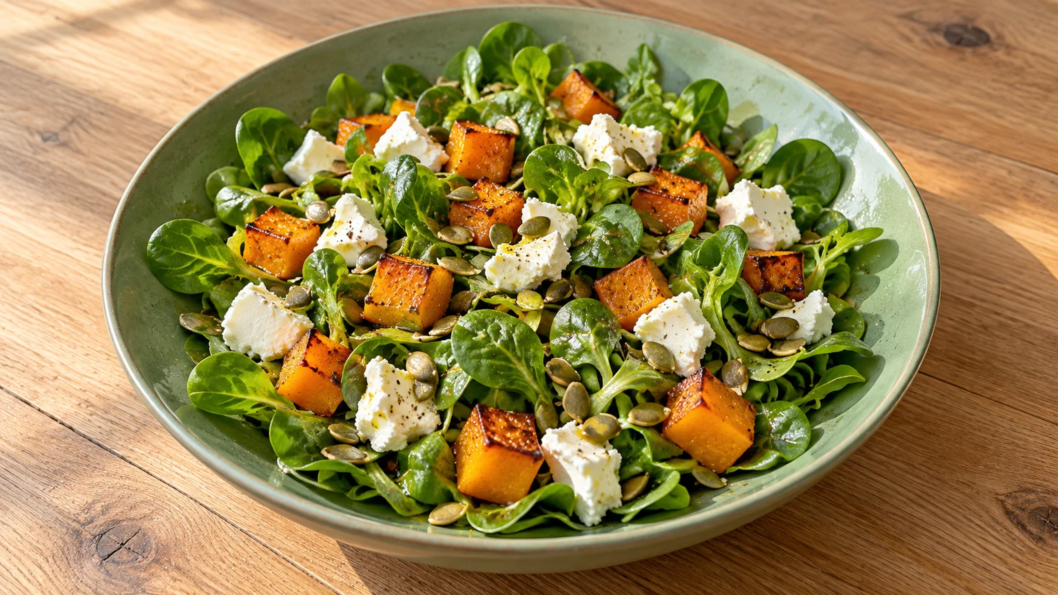 Ensalada de canónigos, calabaza y queso de cabra con pipas de calabaza