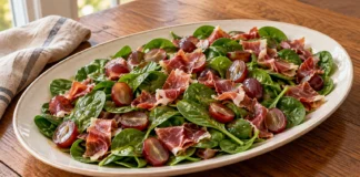 Ensalada de espinacas, uvas y trozos de jamón serrano