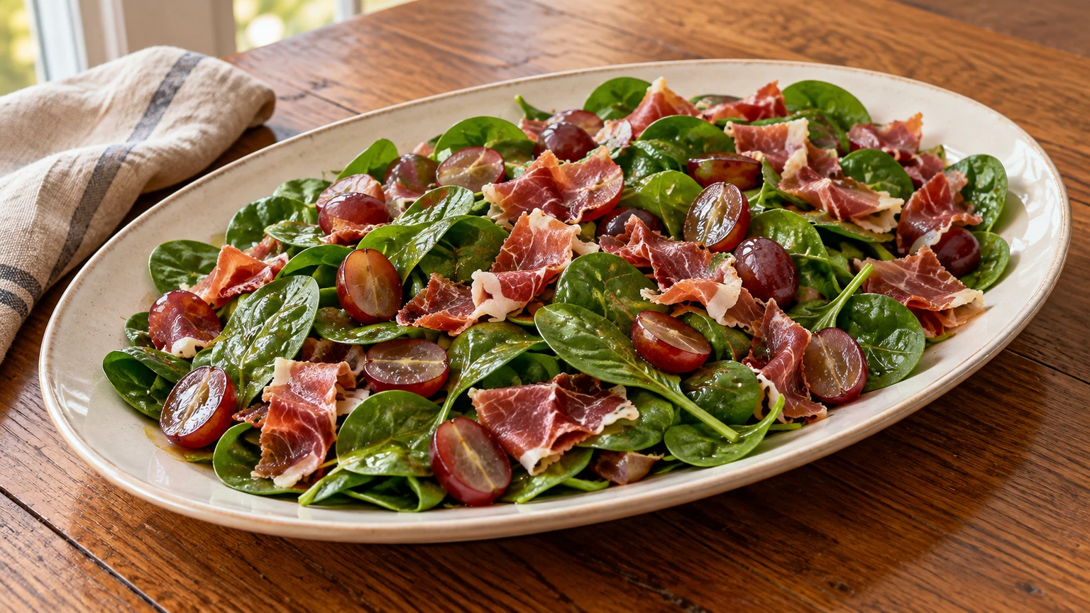 Ensalada de espinacas, uvas y trozos de jamón serrano