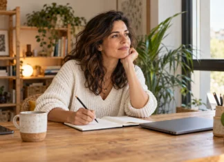 Copywriting: aprende a escribir textos que ayudan a vender Mujer preparando un texto en un cuaderno junto a un portátil cerrado.