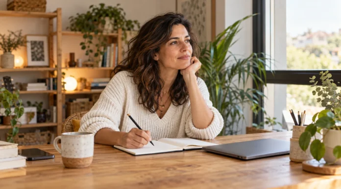 Mujer preparando un texto en un cuaderno junto a un portátil cerrado.