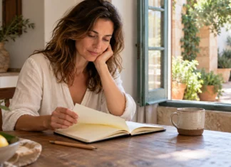Coaching personal: aclara tus prioridades y pasa a la acción Una mujer abre un cuaderno junto a una ventana en casa.