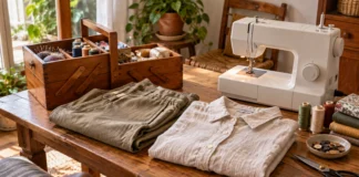 Máquina de coser, costurero y prendas preparadas sobre una mesa junto a una ventana.