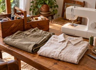 Costura y arreglos de ropa Máquina de coser, costurero y prendas preparadas sobre una mesa junto a una ventana.