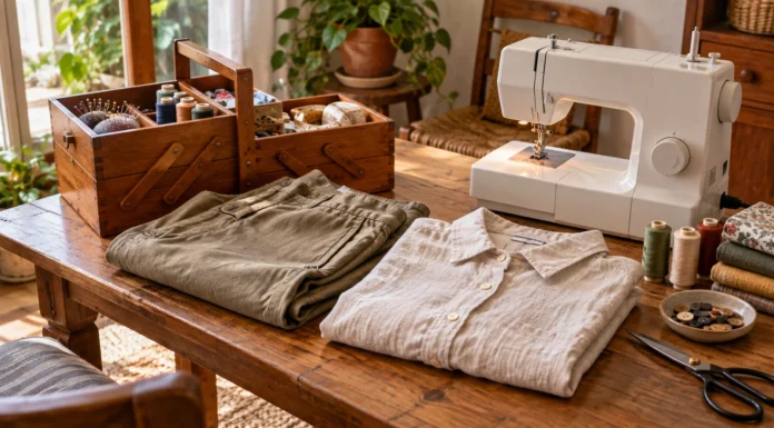 Máquina de coser, costurero y prendas preparadas sobre una mesa junto a una ventana.