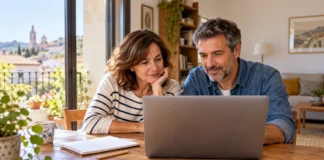 Inteligencia artificial para principiantes Dos personas adultas aprenden juntas con un portátil y un cuaderno en una mesa doméstica.
