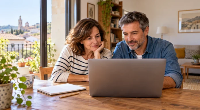 Inteligencia artificial para principiantes Dos personas adultas aprenden juntas con un portátil y un cuaderno en una mesa doméstica.