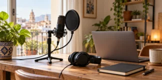 Crea y publica tu primer podcast Micrófono, auriculares y cuaderno en una mesa preparada para grabar un podcast.