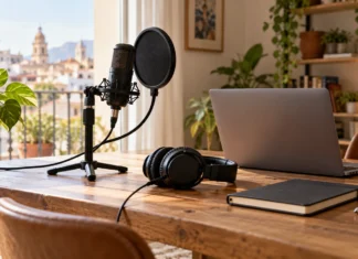 Crea y publica tu primer podcast Micrófono, auriculares y cuaderno en una mesa preparada para grabar un podcast.