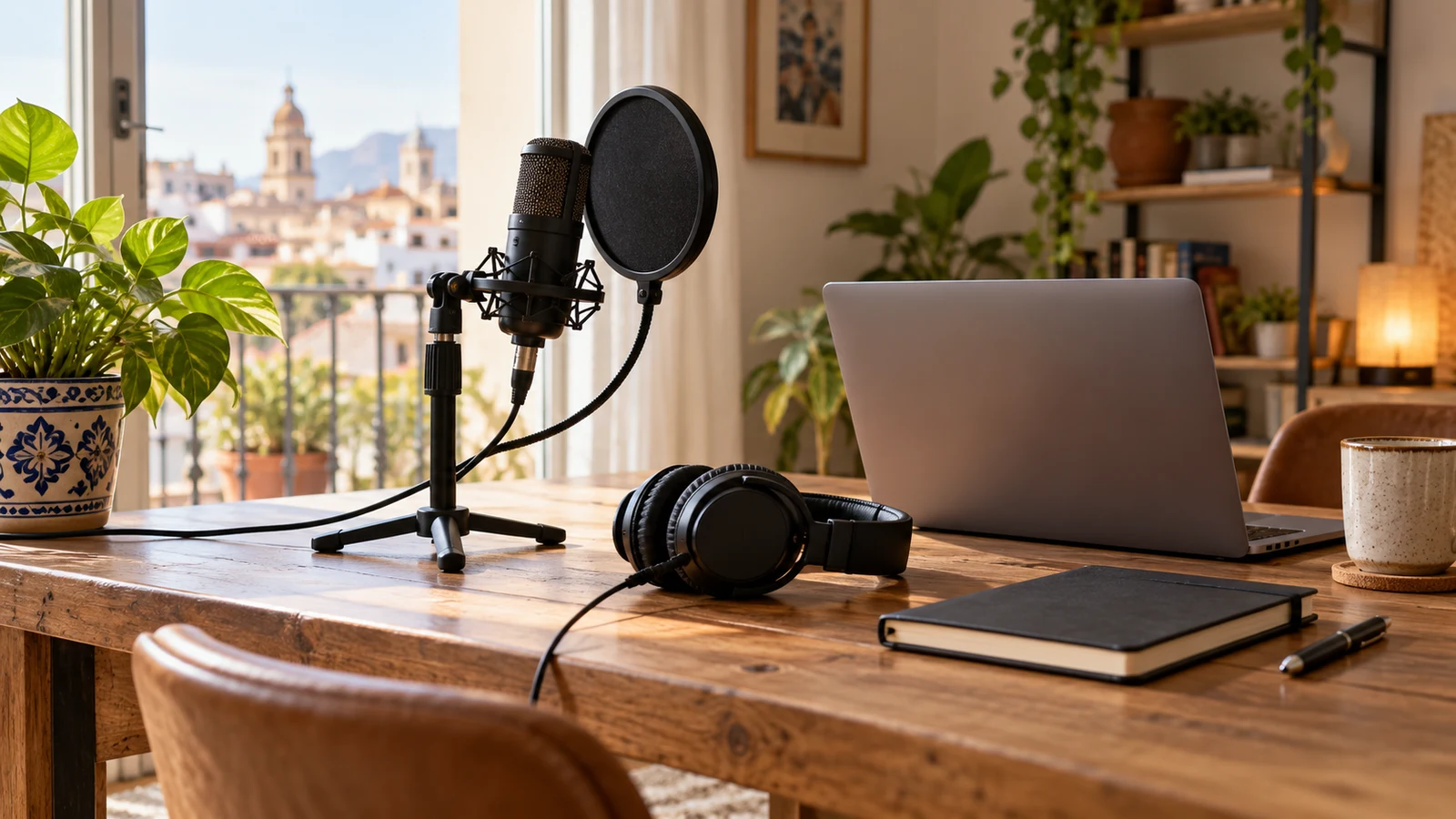 Micrófono, auriculares y cuaderno en una mesa preparada para grabar un podcast.