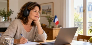 Mujer adulta estudiando con auriculares y un cuaderno junto a una ventana.