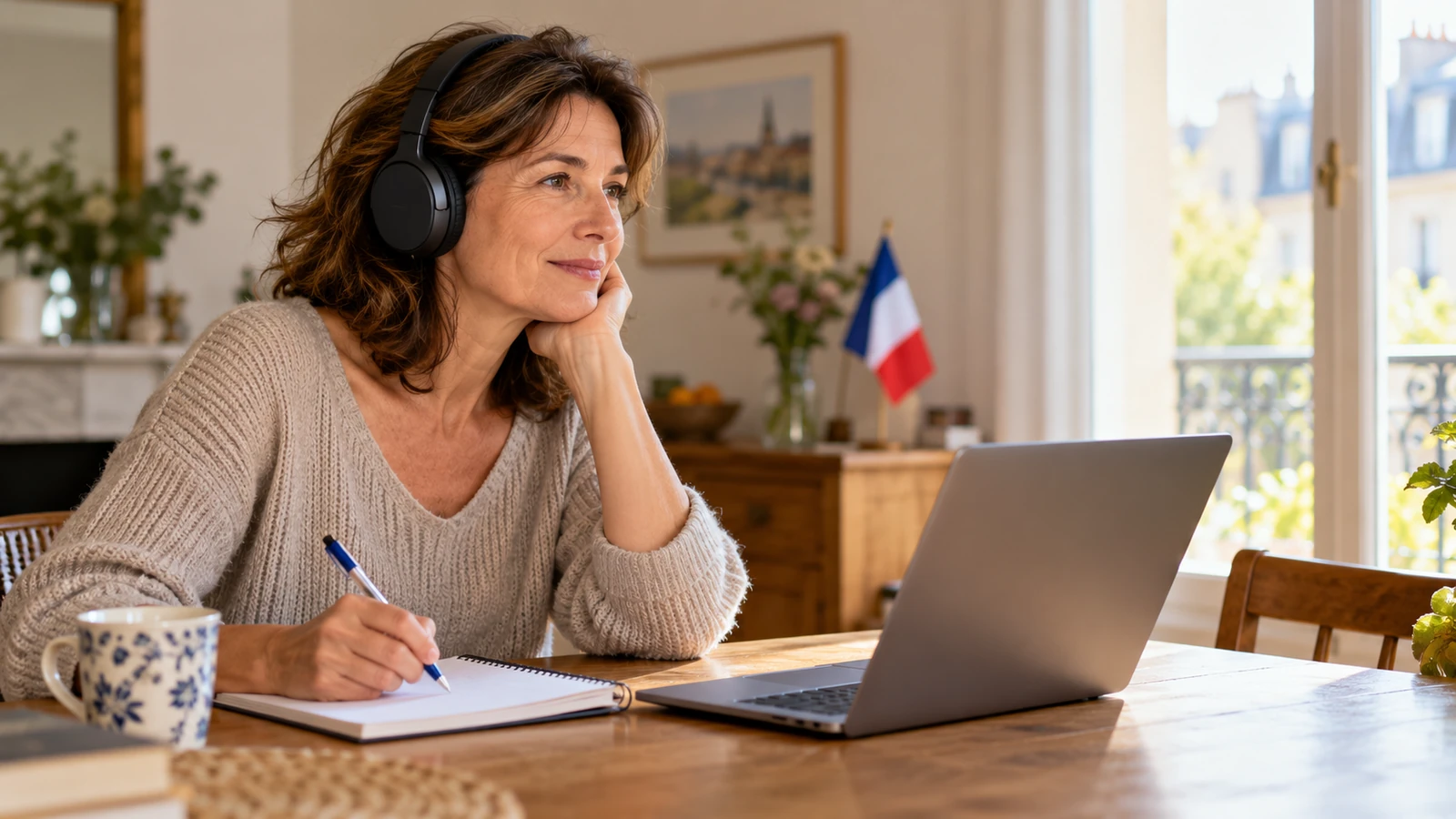 Mujer adulta estudiando con auriculares y un cuaderno junto a una ventana.
