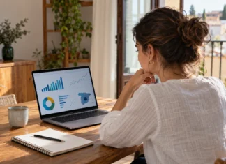 Power BI: de tus primeros datos a un informe de negocio Persona estudiando análisis de negocio junto a un portátil en un escritorio luminoso.