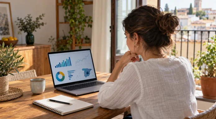 Power BI: de tus primeros datos a un informe de negocio Persona estudiando análisis de negocio junto a un portátil en un escritorio luminoso.