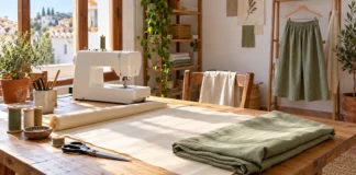 Patronaje y confección: aprende a crear tu primera prenda Mesa de costura con máquina, tela verde y herramientas junto a una ventana.