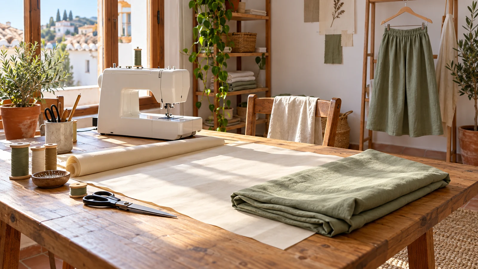 Mesa de costura con máquina, tela verde y herramientas junto a una ventana.