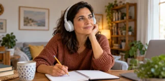 Una mujer adulta estudia con auriculares y un cuaderno en casa.