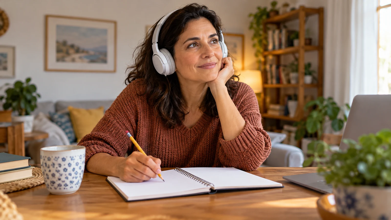 Una mujer adulta estudia con auriculares y un cuaderno en casa.