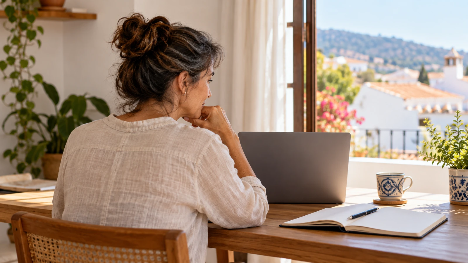Mujer adulta aprendiendo con un portátil y un cuaderno en una mesa de casa.
