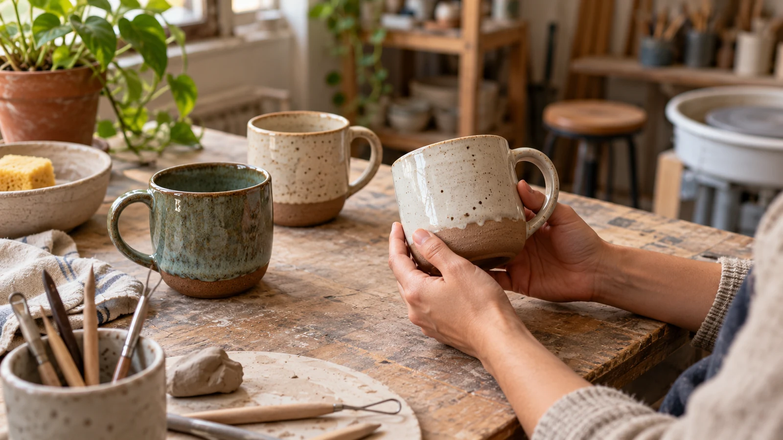 Manos que seleccionan una taza entre varias piezas de cerámica sobre una mesa.