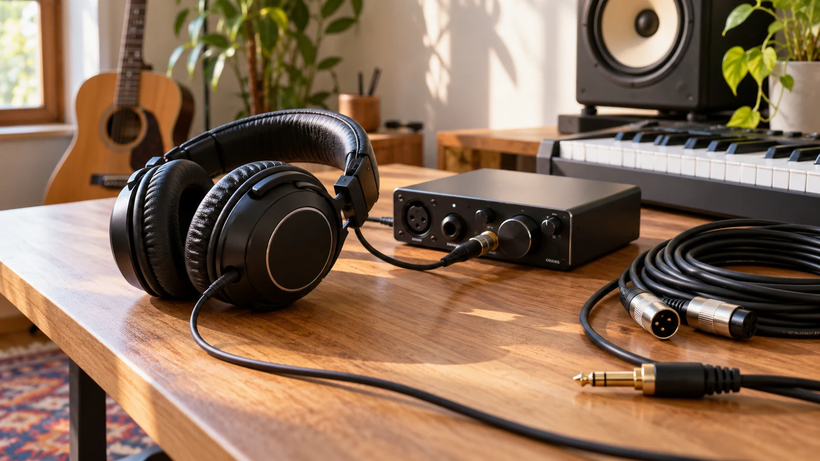 Auriculares con cable junto a una interfaz de audio y sus conexiones.