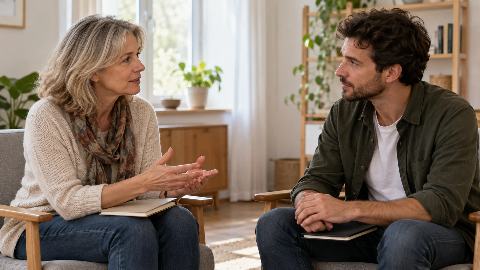 Dos adultos conversan en una sala luminosa con sus cuadernos cerrados.