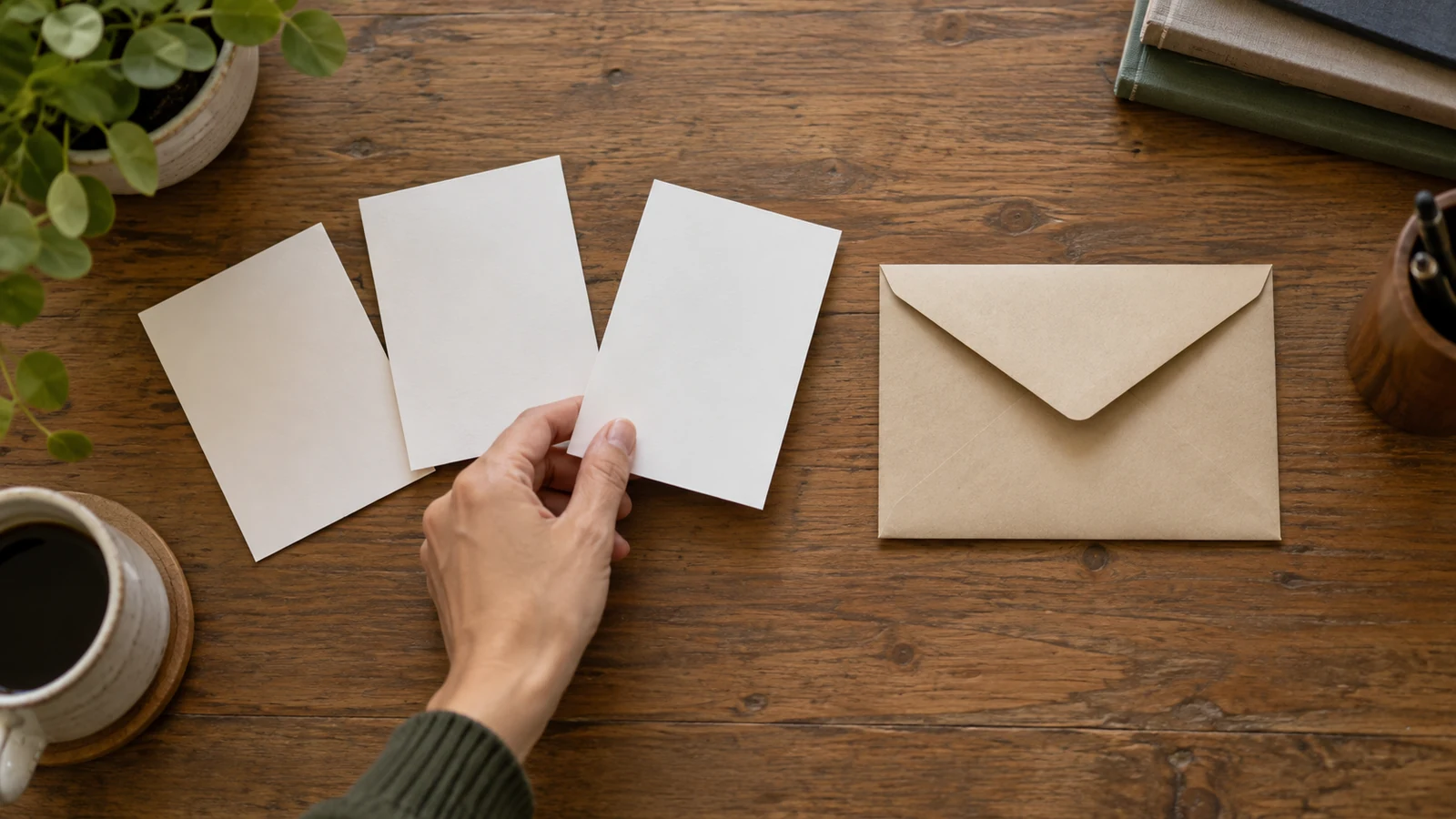 Mano organizando tres tarjetas en blanco junto a un sobre sobre una mesa.