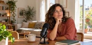 Qué vas a contar y para quién Mujer que prepara la idea de un podcast junto a un micrófono y sus cuadernos.