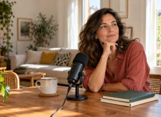 Qué vas a contar y para quién Mujer que prepara la idea de un podcast junto a un micrófono y sus cuadernos.