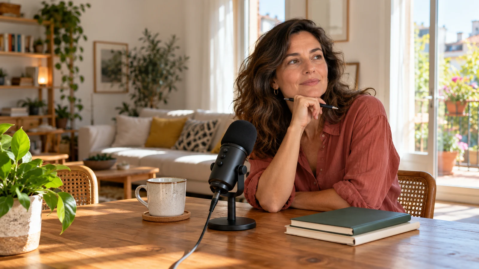 Mujer que prepara la idea de un podcast junto a un micrófono y sus cuadernos.