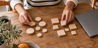 Qué es la inteligencia artificial y para qué te sirve Manos que agrupan piezas de madera de distintas formas junto a un ordenador portátil.