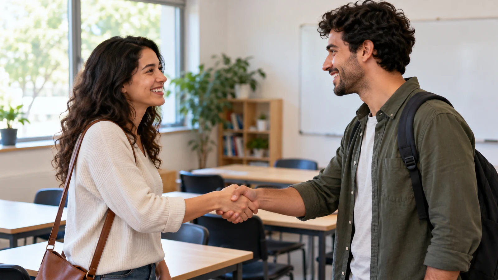 Dos personas adultas se saludan al comenzar una clase de idiomas.