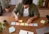 Elige un formato y una rutina sostenible Hombre que organiza tarjetas para planificar los bloques de un episodio.