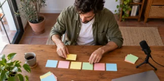 Elige un formato y una rutina sostenible Hombre que organiza tarjetas para planificar los bloques de un episodio.