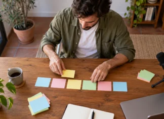 Elige un formato y una rutina sostenible Hombre que organiza tarjetas para planificar los bloques de un episodio.