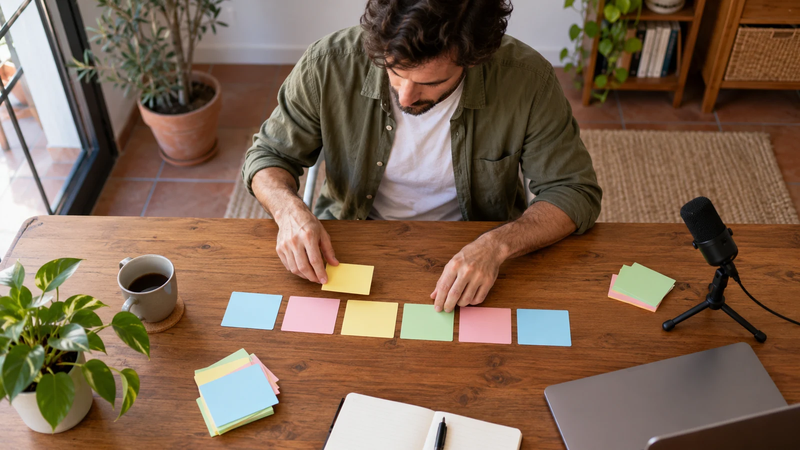 Hombre que organiza tarjetas para planificar los bloques de un episodio.