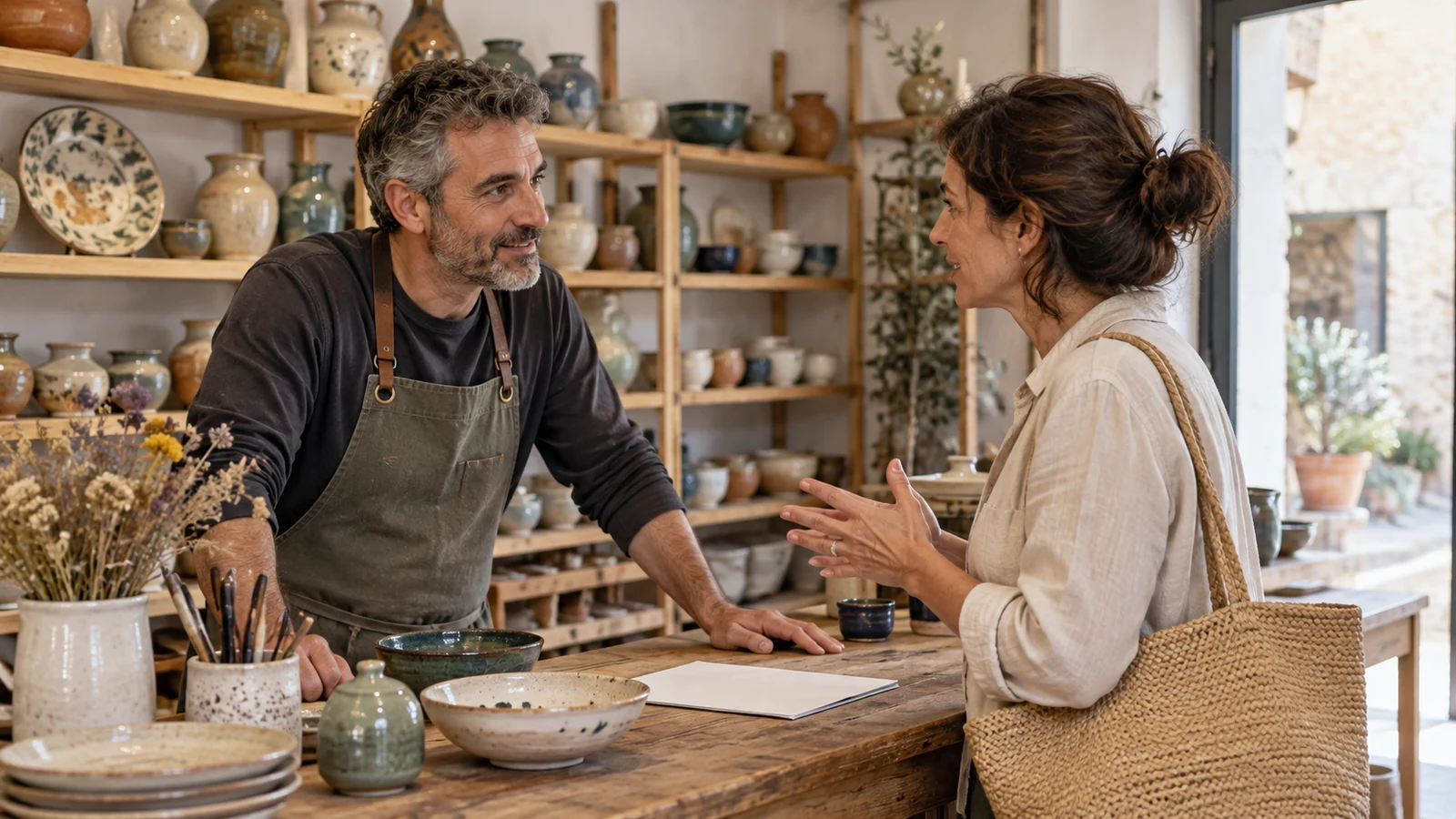 Comerciante y clienta conversando en una tienda de cerámica.