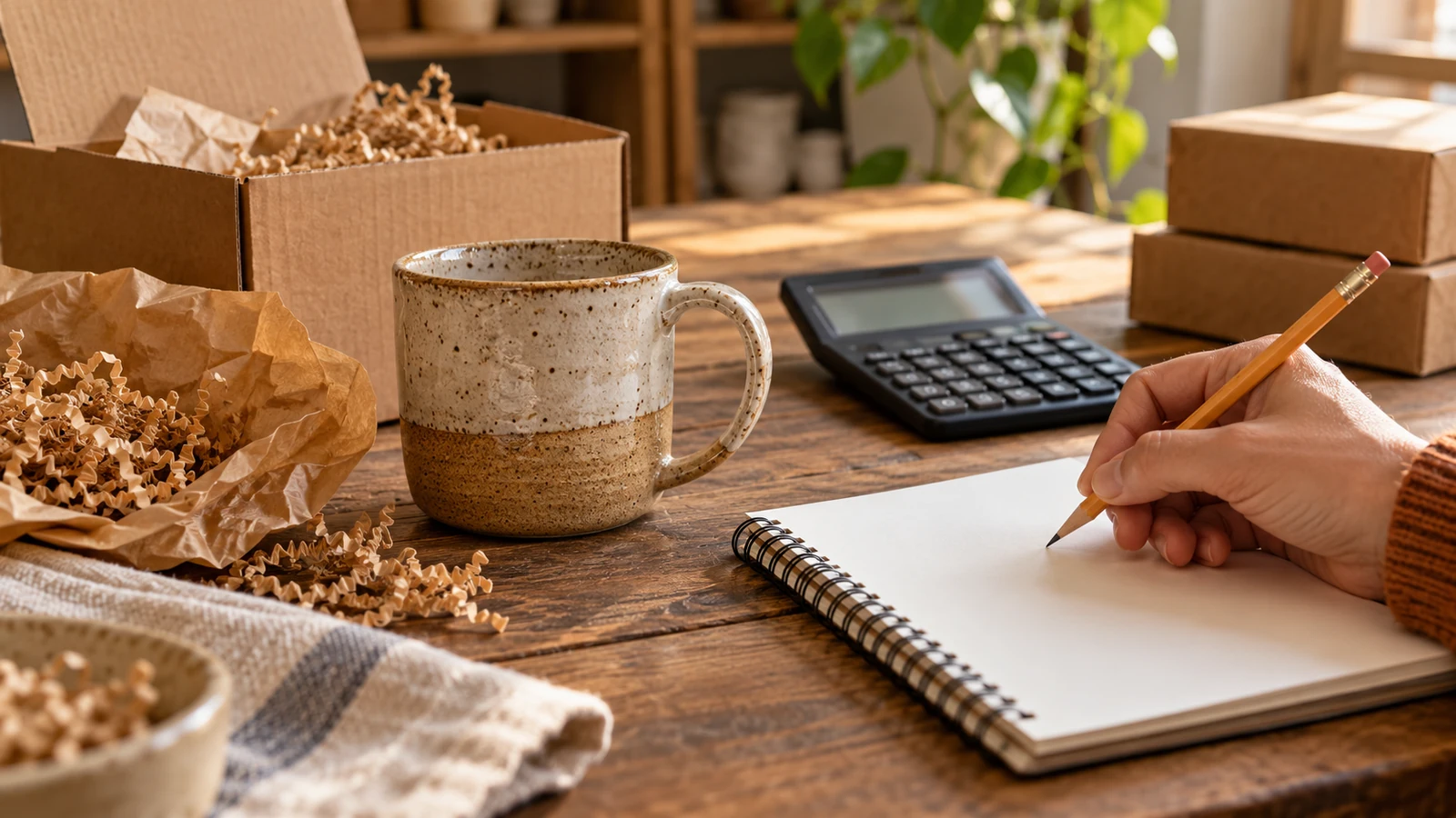 Taza, embalaje, calculadora y cuaderno para preparar el cálculo de costes.