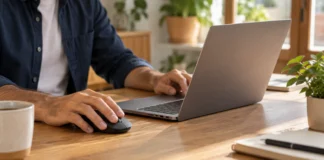 Prepara Power BI Desktop y tu espacio de trabajo Manos preparando un portátil y un ratón en una mesa de trabajo ordenada.