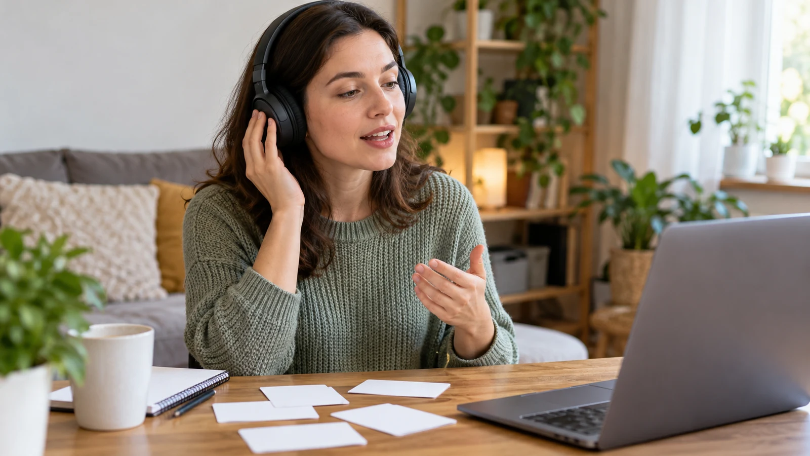 Una persona practica la escucha de inglés con auriculares.