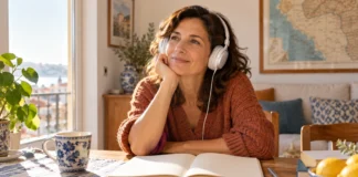 Cómo escuchar y pronunciar tus primeras palabras Una mujer escucha con auriculares junto a un cuaderno abierto en casa.