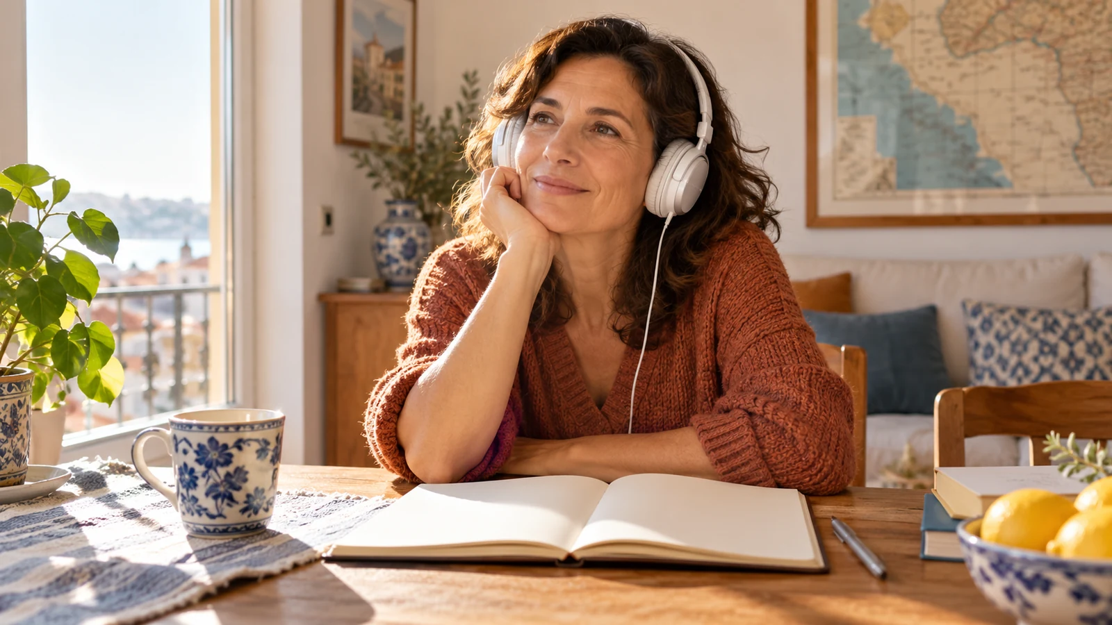 Una mujer escucha con auriculares junto a un cuaderno abierto en casa.