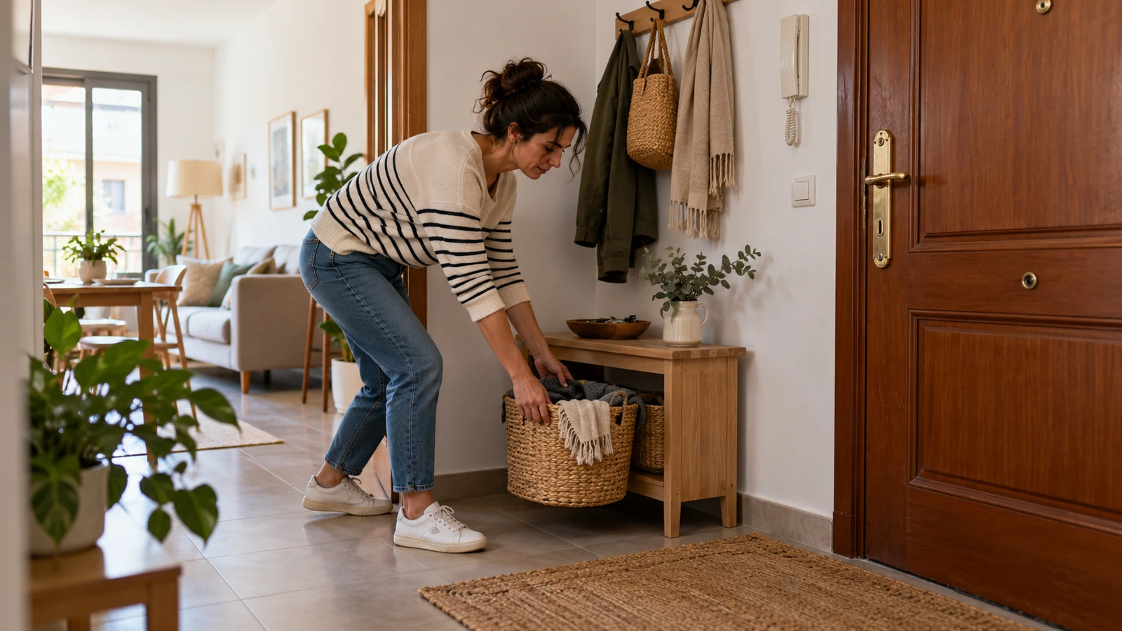 Mujer situando una cesta de uso cotidiano junto a la entrada de casa.