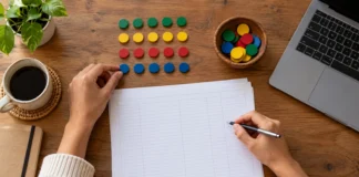 Crea los datos de práctica y entiende cada columna Fichas de colores organizadas en filas junto a hojas cuadriculadas y un portátil.