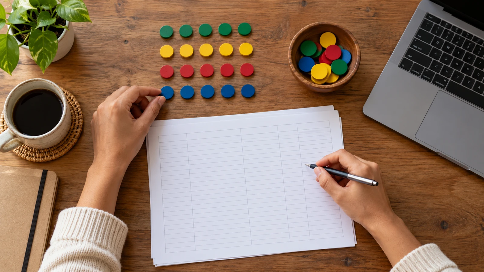 Fichas de colores organizadas en filas junto a hojas cuadriculadas y un portátil.