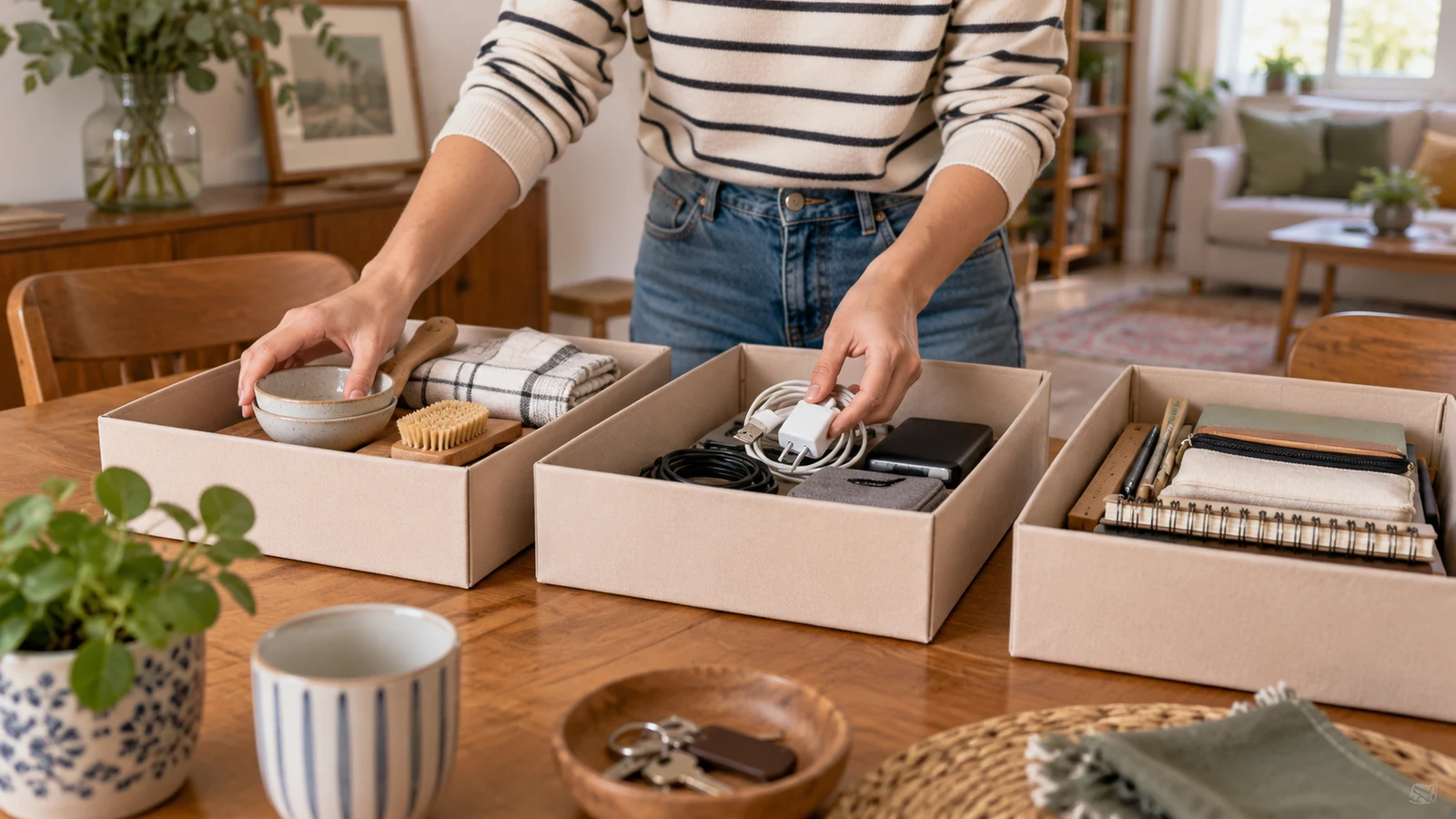 Persona clasificando objetos domésticos en cajas abiertas sobre una mesa.