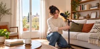 Prepara una habitación que suene mejor Mujer que coloca un micrófono en una habitación amueblada con cortinas.
