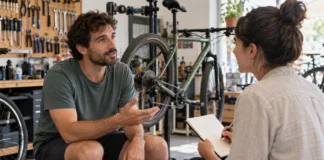 Investiga antes de escribir y reúne palabras reales Entrevista con un cliente en un taller de bicicletas.
