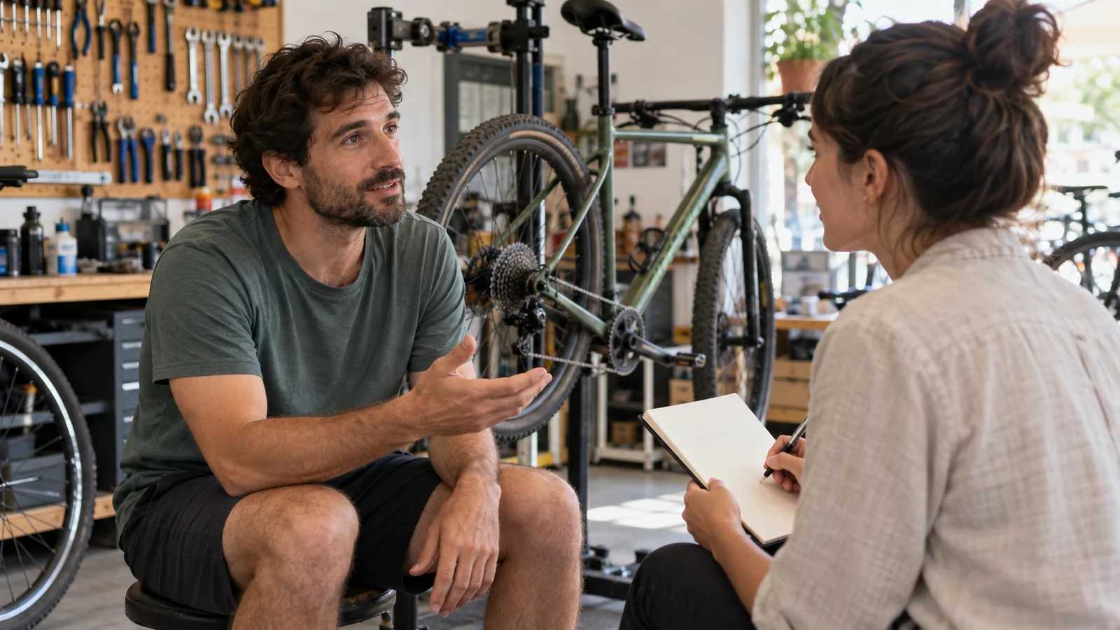 Entrevista con un cliente en un taller de bicicletas.